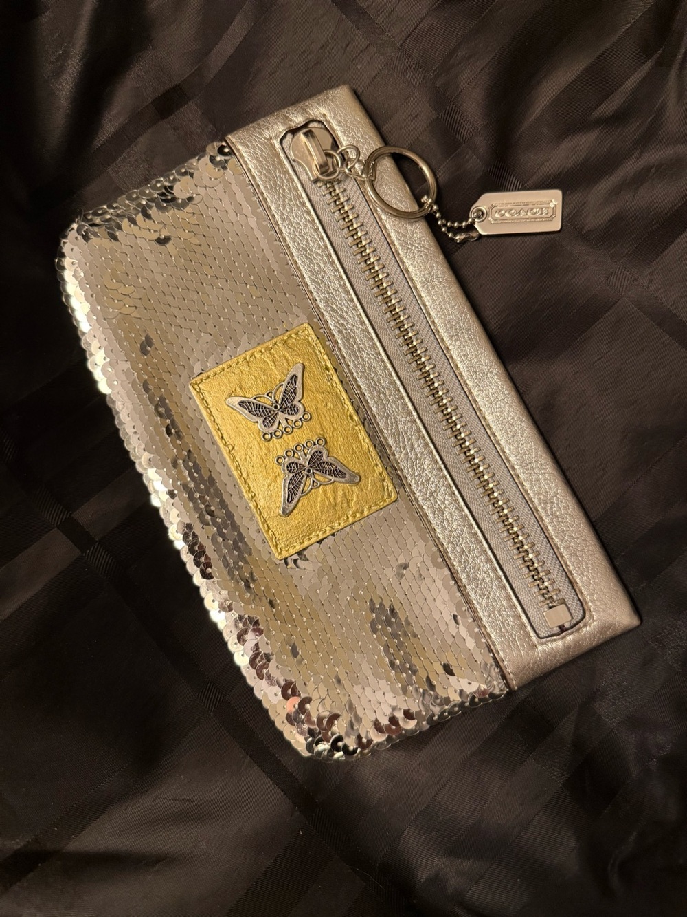 Coach Poppy Silver Sequin XL Spotlight Wristlet – Upcycled Art Piece 🦋✨